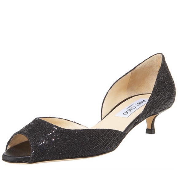 JIMMY CHOO Lyon D’Orsay black glitter accent open toe kitten heels